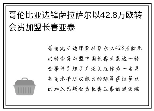 哥伦比亚边锋萨拉萨尔以42.8万欧转会费加盟长春亚泰